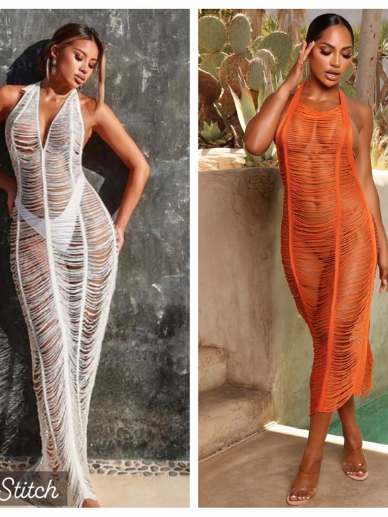Fashion Nova Other - Fashion Nova Orange & White Crochet Halter Cover-Up Maxi